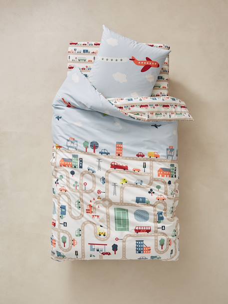 Set van kinderdekbedovertrek + kussensloop AUTO CITY Print met autootjes - vertbaudet enfant 