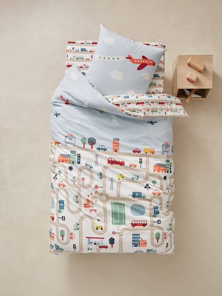 Set van kinderdekbedovertrek + kussensloop AUTO CITY Print met autootjes - vertbaudet enfant 