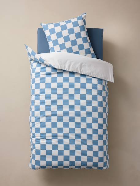 Parure housse de couette + taie d'oreiller enfant avec coton recyclé VARSITY carreaux bleu - vertbaudet enfant 