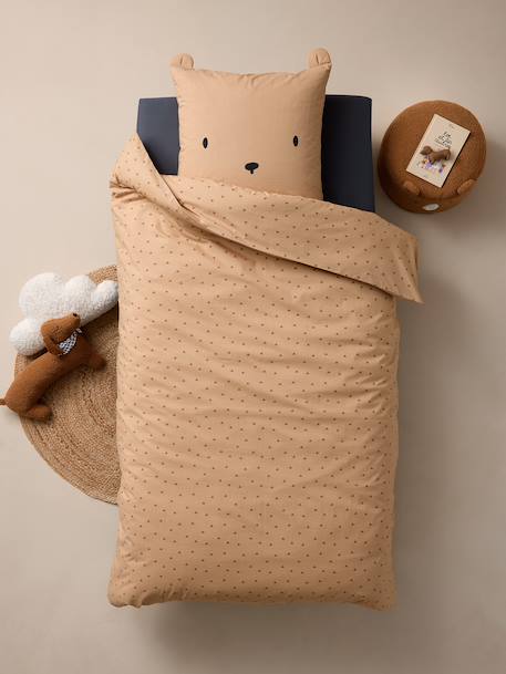 Parure housse de couette + taie d'oreiller OURSON, avec coton recyclé beige imprimé - vertbaudet enfant 