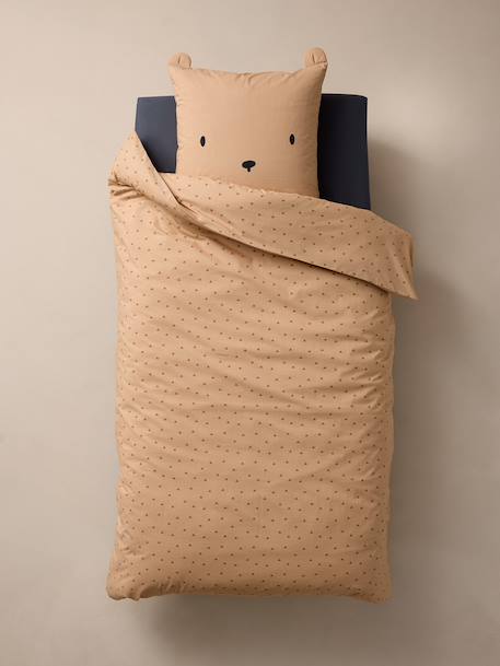 Parure housse de couette + taie d'oreiller OURSON, avec coton recyclé beige imprimé - vertbaudet enfant 