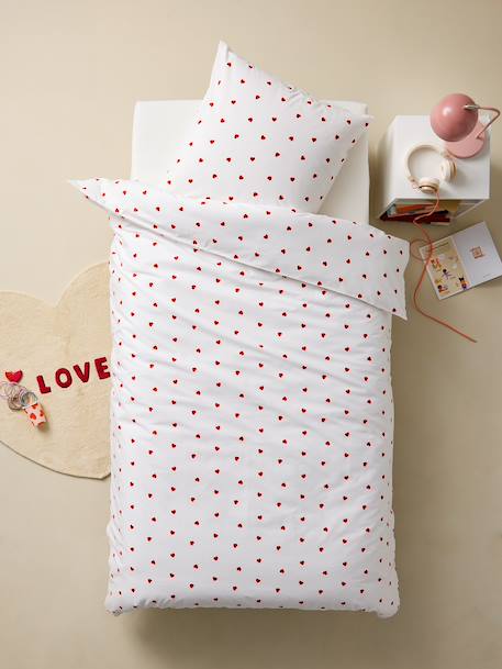 Parure housse de couette enfant et taie d'oreiller COEURS blanc imprimé - vertbaudet enfant 