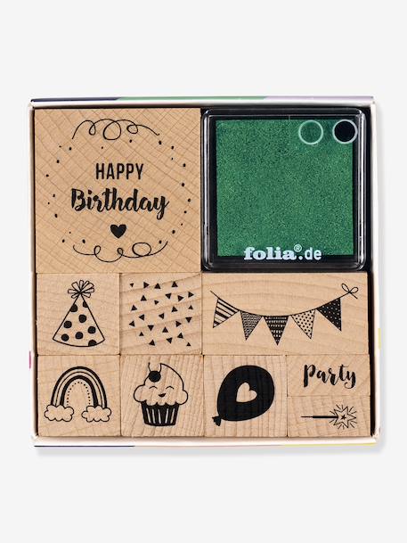 Set de tampons en bois HAPPY BIRTHDAY folia, 9 tampons + 2 encres bois - vertbaudet enfant 