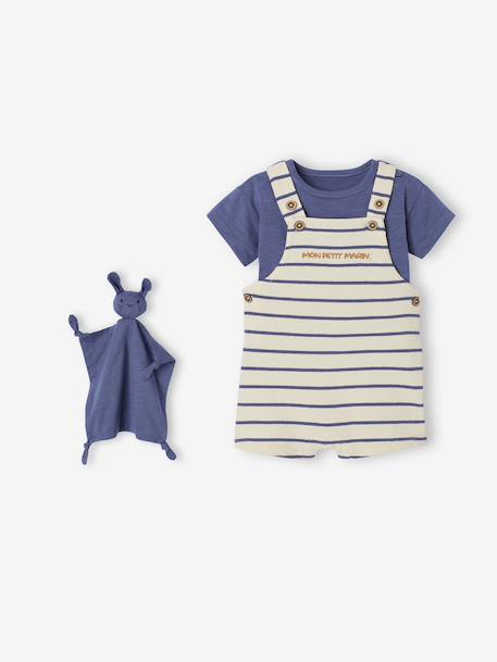 Set van 3 stuks: T-shirt + romper + knuffelbeer voor baby, te personaliseren blauw, gestreept+saliegroen - vertbaudet enfant 