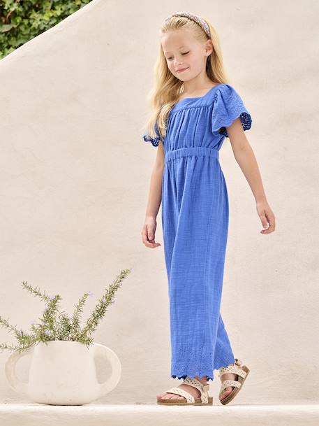 Combinaison fille en gaze de coton avec broderie bleu électrique - vertbaudet enfant 