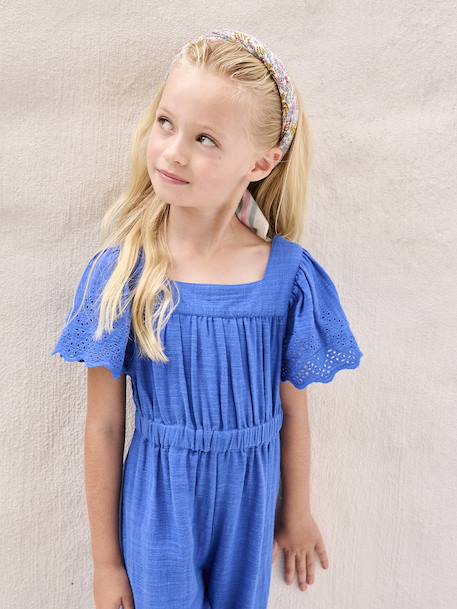 Combinaison fille en gaze de coton avec broderie bleu électrique - vertbaudet enfant 