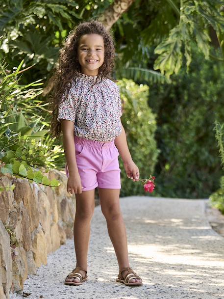 Tee-shirt blouse forme crop fille corail+écru+vert sauge - vertbaudet enfant 