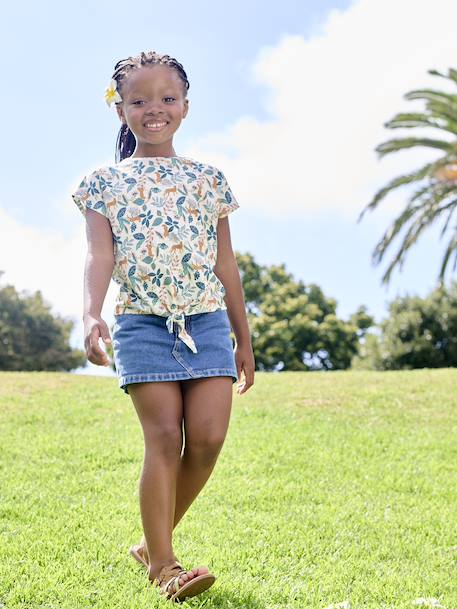 Gestreept T-shirt voor meisjes met sierstrik wit, bedrukt - vertbaudet enfant 