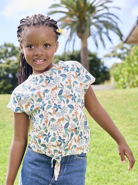 Fille-T-shirt, sous-pull-T-shirt-T-shirt fille imprimé noeud fantaisie manches courtes