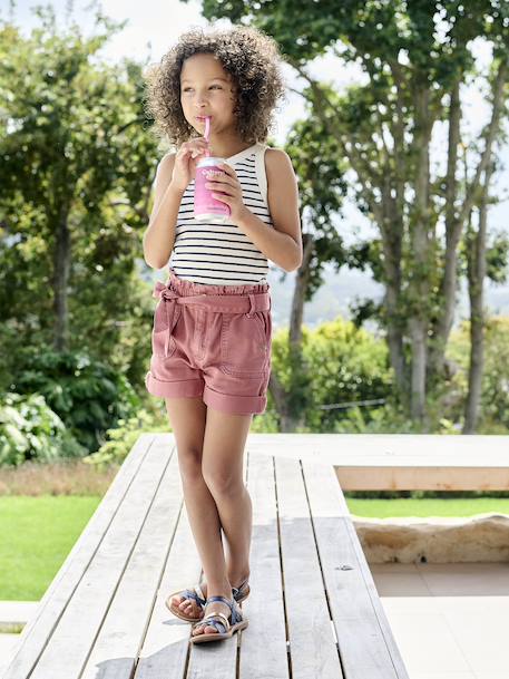 Meisjesshort in paperbag-stijl kaki+terracottategel - vertbaudet enfant 