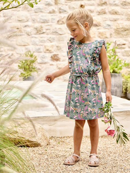 Robe fille imprimée manches volantées blanc imprimé+rose pâle+vert émeraude - vertbaudet enfant 