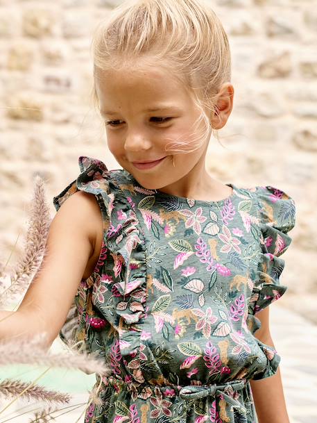 Robe fille imprimée manches volantées blanc imprimé+rose pâle+vert émeraude - vertbaudet enfant 