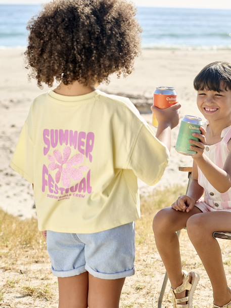 T-shirt met cropped model en bloemmotieven met glitter voor meisjes lichtgeel - vertbaudet enfant 