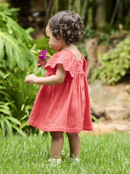 Katoenen babyjurk ecru+rood - vertbaudet enfant 
