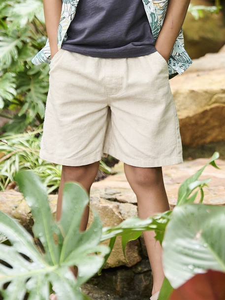 Jongensbermuda van katoen/linnen blauwgroen+gemêleerd beige - vertbaudet enfant 