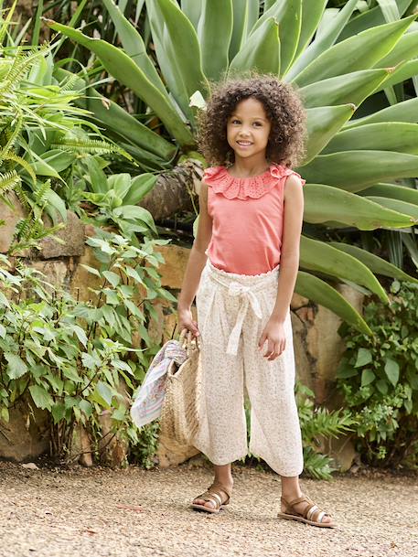 Pantacourt fille large gaze de coton style paperbag beige+blanc+lilas+vert sauge+vieux rose - vertbaudet enfant 