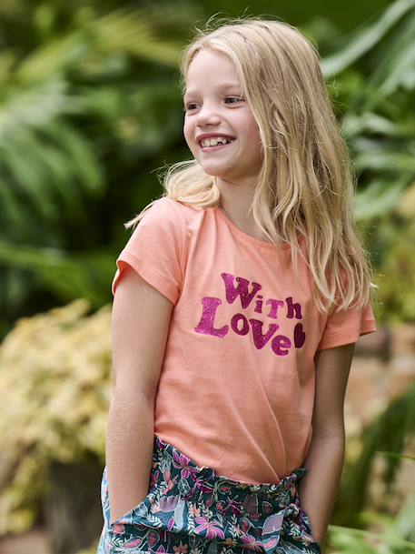 Basics meisjesshirt met aangebracht motief en korte mouwen koraal - vertbaudet enfant 