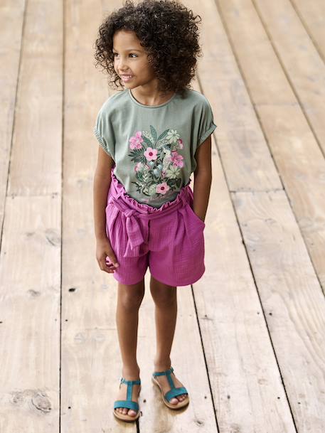 Short van katoenen gaas met riem voor meisjes paars - vertbaudet enfant 
