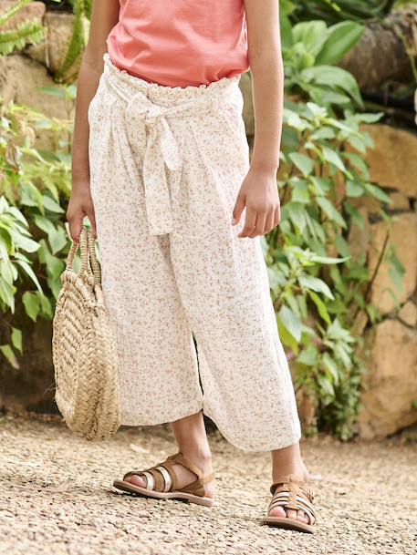 Fille-Pantalon-Pantacourt fille large gaze de coton style paperbag