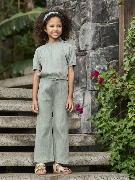 Tee-shirt blouse forme crop fille corail+écru+vert sauge - vertbaudet enfant 