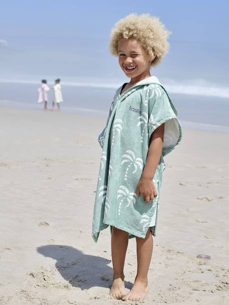 Gepersonaliseerde bad-/strandponcho voor kinderen, met gerecycled katoen blauw, geruit+lila+mintgroen+wit, bedrukt - vertbaudet enfant 