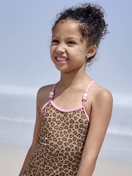 Gestreept 1-delig meisjesbadpak beige+lichtroze - vertbaudet enfant 