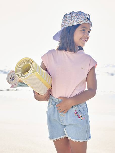 Short en jean brodé fleurs oversize fille bleu clair - vertbaudet enfant 