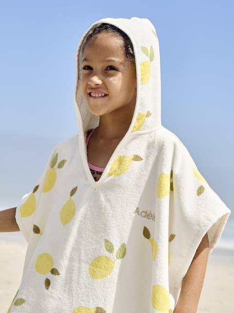 Gepersonaliseerde bad-/strandponcho voor kinderen, met gerecycled katoen blauw, geruit+lila+mintgroen+wit, bedrukt - vertbaudet enfant 