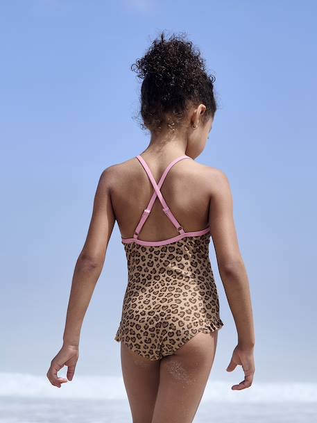 Gestreept 1-delig meisjesbadpak beige+lichtroze - vertbaudet enfant 