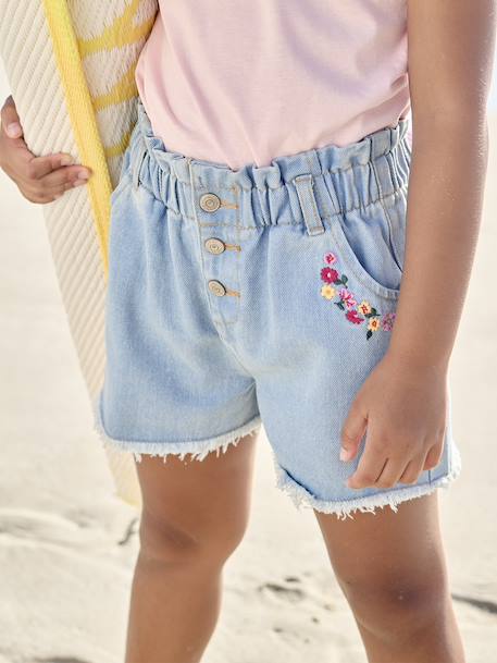Oversize meisjesshort van jeansstof met geborduurde bloemen lichtblauw - vertbaudet enfant 