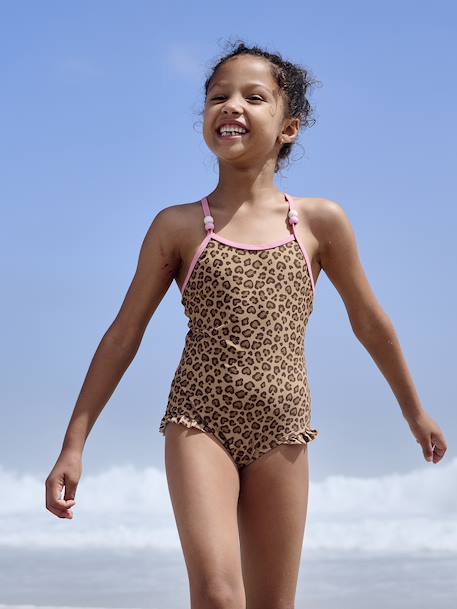 Gestreept 1-delig meisjesbadpak beige+lichtroze - vertbaudet enfant 