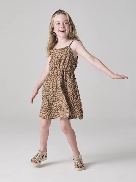 Robe à bretelles fille en gaze de coton beige+corail+vert émeraude - vertbaudet enfant 