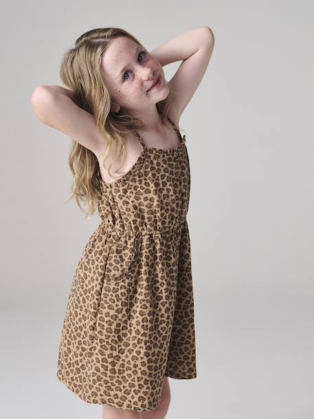 Robe à bretelles fille en gaze de coton beige+corail+vert émeraude - vertbaudet enfant 