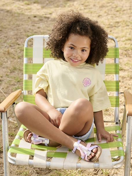T-shirt met cropped model en bloemmotieven met glitter voor meisjes lichtgeel - vertbaudet enfant 
