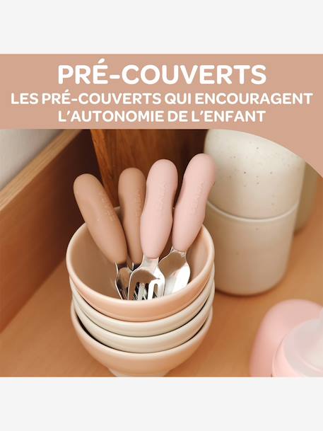 Lot de 2 pré-couverts d'apprentissage 2e âge en inox et silicone beige imprimé+gris+vert sauge - vertbaudet enfant 