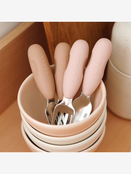 Lot de 2 pré-couverts d'apprentissage 2e âge en inox et silicone beige imprimé+gris+vert sauge - vertbaudet enfant 