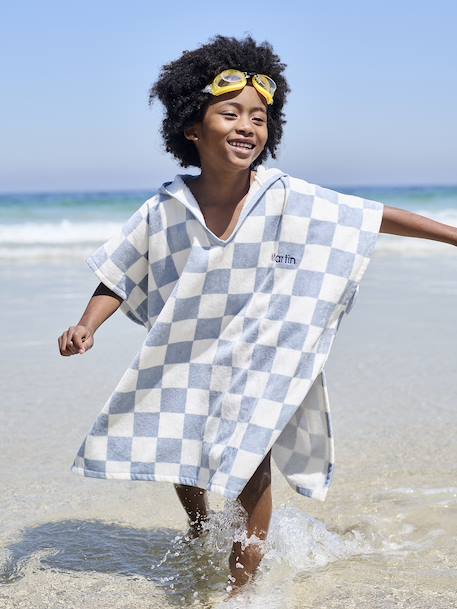 Poncho de bain / plage enfant personnalisable, avec coton recyclé blanc imprimé+carreaux bleu+lilas+menthe - vertbaudet enfant 