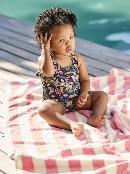 Serviette de bain rayée TRANSAT personnalisable, avec coton recyclé rayé bleu+rayé rose - vertbaudet enfant 