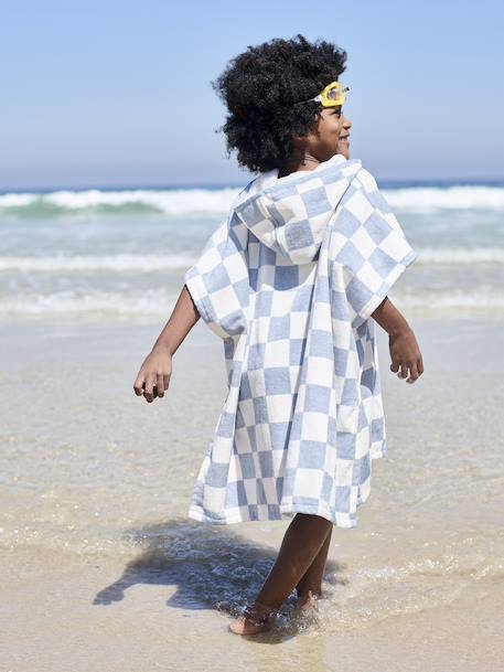 Poncho de bain / plage enfant personnalisable, avec coton recyclé blanc imprimé+carreaux bleu+lilas+menthe - vertbaudet enfant 