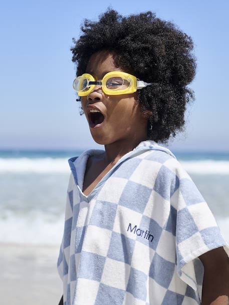 Gepersonaliseerde bad-/strandponcho voor kinderen, met gerecycled katoen blauw, geruit+lila+mintgroen+wit, bedrukt - vertbaudet enfant 