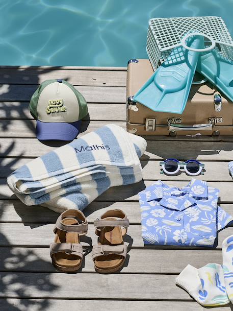 Serviette de bain rayée TRANSAT personnalisable, avec coton recyclé rayé bleu+rayé rose - vertbaudet enfant 