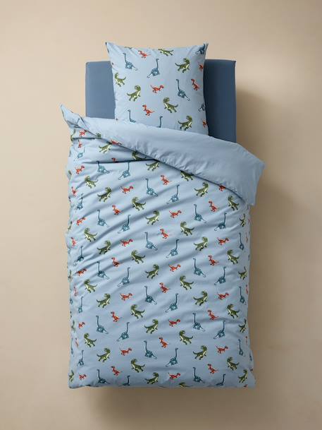 Parure housse de couette + taie d'oreiller enfant avec coton recyclé DINO FRIENDS bleu glacier - vertbaudet enfant 