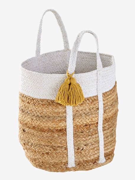 Panier de rangement en jute bicolore avec pompons blanc - vertbaudet enfant 