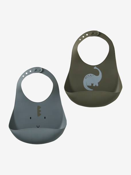Lot 2 bavoirs en silicone bleu grisé+marron+rose imprimé+vert sauge - vertbaudet enfant 