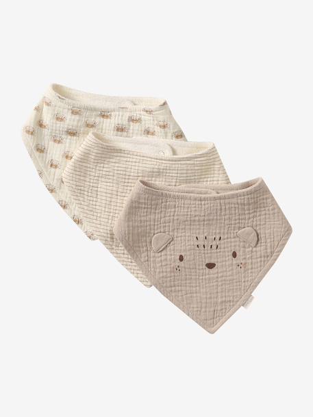 Set met 3 slabbetjes van katoengaas beige, bedrukt+cappuccino+ecru+grijsblauw+lichtroze+saliegroen+set groene panda+set vos+touw+veel beige+WIT - vertbaudet enfant 