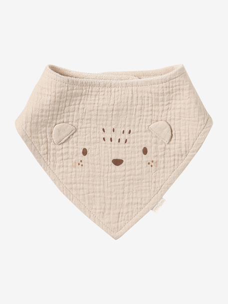 Set met 3 slabbetjes van katoengaas beige, bedrukt+cappuccino+ecru+grijsblauw+lichtroze+saliegroen+set groene panda+set vos+touw+veel beige+WIT - vertbaudet enfant 