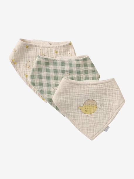 Lot 3 bavoirs bandanas en gaze de coton BLANC+carreaux vert+écru+lot beige+lot renard+lot vert panda+vert sauge - vertbaudet enfant 