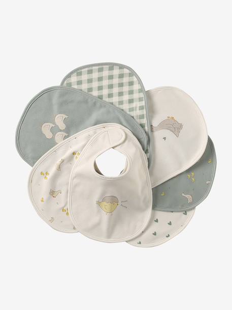 Lot 7 bavoirs naissance en coton bio* beige imprimé+blanc jungle+carreaux vert+Hérisson+multicolore+rose pâle+vert d'eau - vertbaudet enfant 