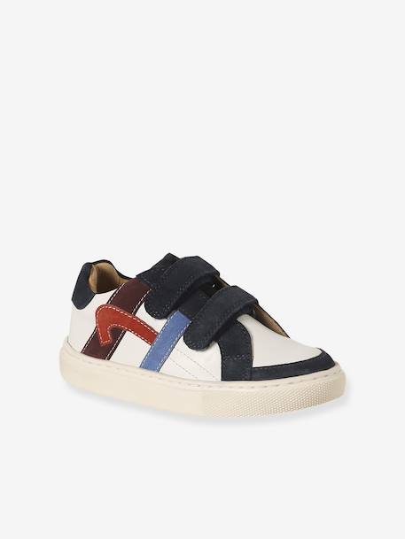 Baskets enfant garçon cuir à scratchs écru+lot bleu - vertbaudet enfant 
