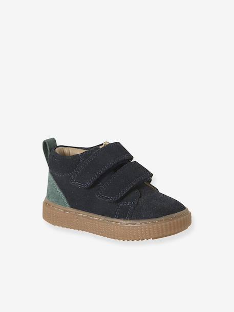 Lederen bottines met klittenband voor jongensbaby''s marineblauw+taupe - vertbaudet enfant 